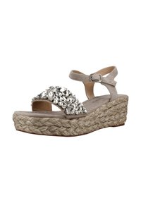 Sandalias de cuña con plataforma de yute trenzado natural, tiras de ante gris claro y un adorno de joya en la tira del dedo del pie.