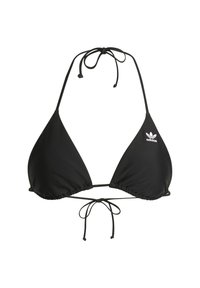 Černý trojúhelníkový bikini top s tenkými ramínky, nařasenými okraji a zavazováním. Obsahuje malé bílé logo Adidas na jednom košíčku.