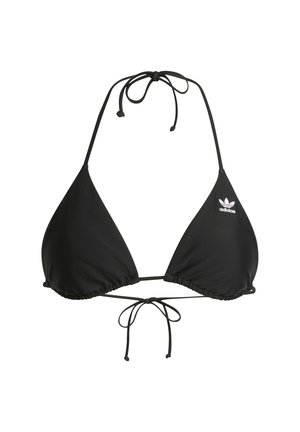 Sort trekantet bikini top med tynde stropper, samlede kanter og knaplukning. Har et lille hvidt Adidas-logo på den ene skål.