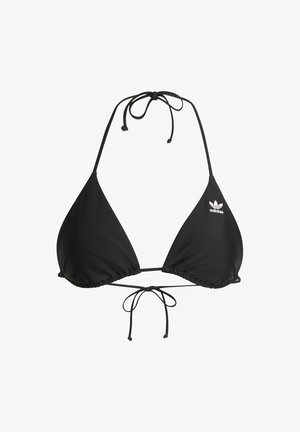 Sort trekantet bikini top med tynde stropper, samlede kanter og knaplukning. Har et lille hvidt Adidas-logo på den ene skål.