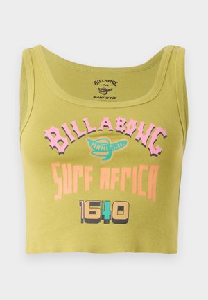 Green cropped tank top with pink, orange, and multicolor "Billabong Surf Africa 1640" text and a small logo in the center front.