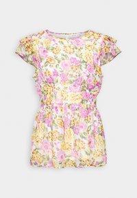 Blouse blanche à manches courtes avec imprimé floral rose, jaune et orange, manches volantées et taille cintrée.