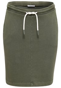 Jupe verte olive longueur genou avec taille élastique et cordon blanc, en tissu tricoté doux.