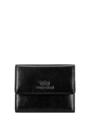 Cartera de cuero negra con cierre de solapa, grabada con una corona y el nombre de la marca "Wittchen" en el centro delantero.