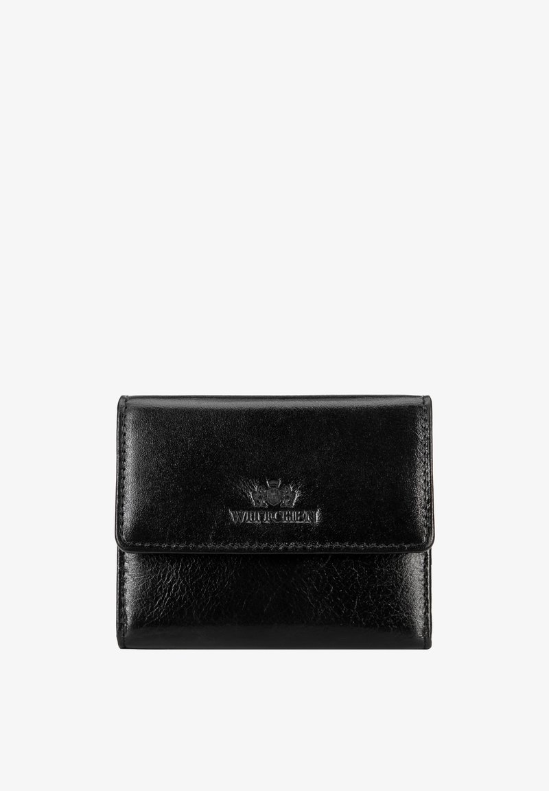 Cartera de cuero negra con cierre de solapa, grabada con una corona y el nombre de la marca "Wittchen" en el centro delantero.