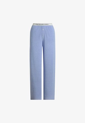 Vaaleansiniset rentoutumispantsit, jotka ovat mukavat päällä, valmistettu pehmeästä kankaasta. Vyötäröllä on valkoinen vyö, jossa on mustalla painettuna "POLO RALPH LAUREN".