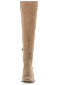 Botte montante en daim marron avec une texture lisse, bout rond et détail de fermeture éclair sur le côté, conçue pour un ajustement parfait.