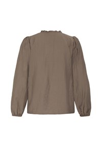 Blouse marron à manches longues vue de dos, coupe ample, poignets froncés et petit volant à l'encolure.