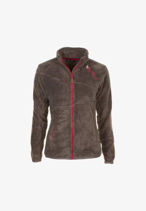 Veste en polaire de couleur gris foncé avec une fermeture éclair rouge intégrale. Présente un col haut, des manches longues et des détails de couture rouges contrastants.