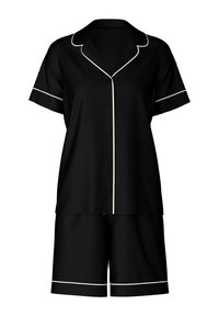 Zwart kortemouwen pyjama set met knoopsluiting aan de voorkant, contrasterende crèmekleurige bies op de kraag, mouwen en shorts, gemaakt van een gladde stof.