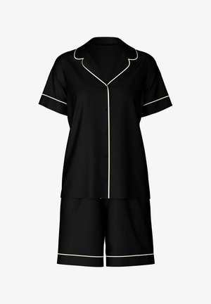 Zwart kortemouwen pyjama set met knoopsluiting aan de voorkant, contrasterende crèmekleurige bies op de kraag, mouwen en shorts, gemaakt van een gladde stof.