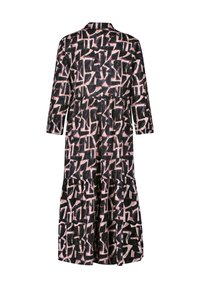 Schwarzes und pinkes gemustertes Kleid mit Kragen, langen Ärmeln, gestuftem Design und lockerer Passform. Aus leichtem Stoff gefertigt, geeignet für die Freizeit.