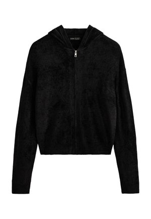 Schwarzer Kapuzenpullover mit Reißverschluss aus weichem, strukturiertem Stoff. Verfügt über eine Kapuze, lange Ärmel und ein kurz geschnittenes Design. Schlichtes, einfarbiges Erscheinungsbild.
