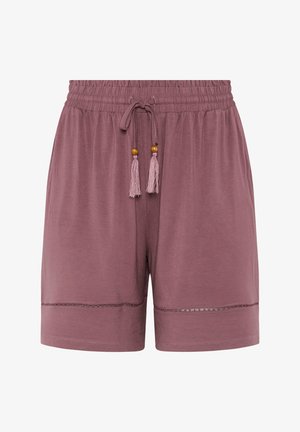 Mauve elastische taille shorts met trekkoord franjes en decoratieve kanten rand bij de zoom.