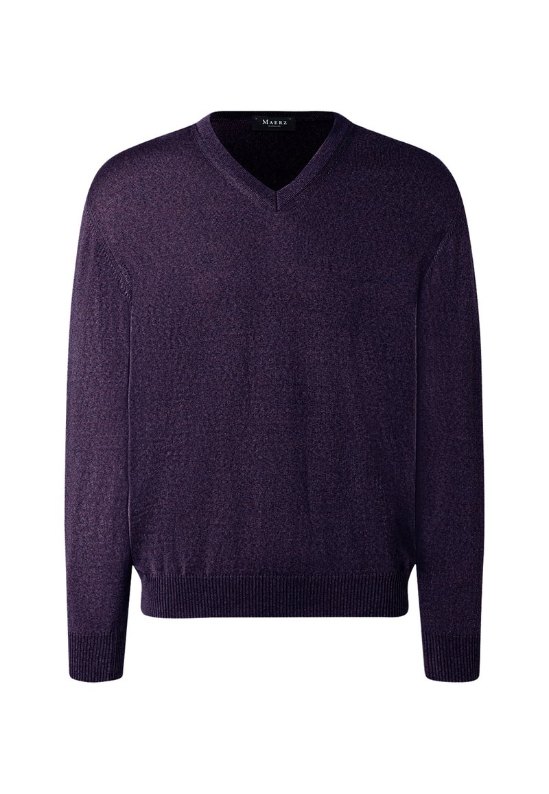 V-Ausschnitt Pullover in Dunkelviolett, aus einem strukturierten Strickstoff gefertigt. Mit gerippten Bündchen und Saum sowie einem dezenten Melange-Muster.