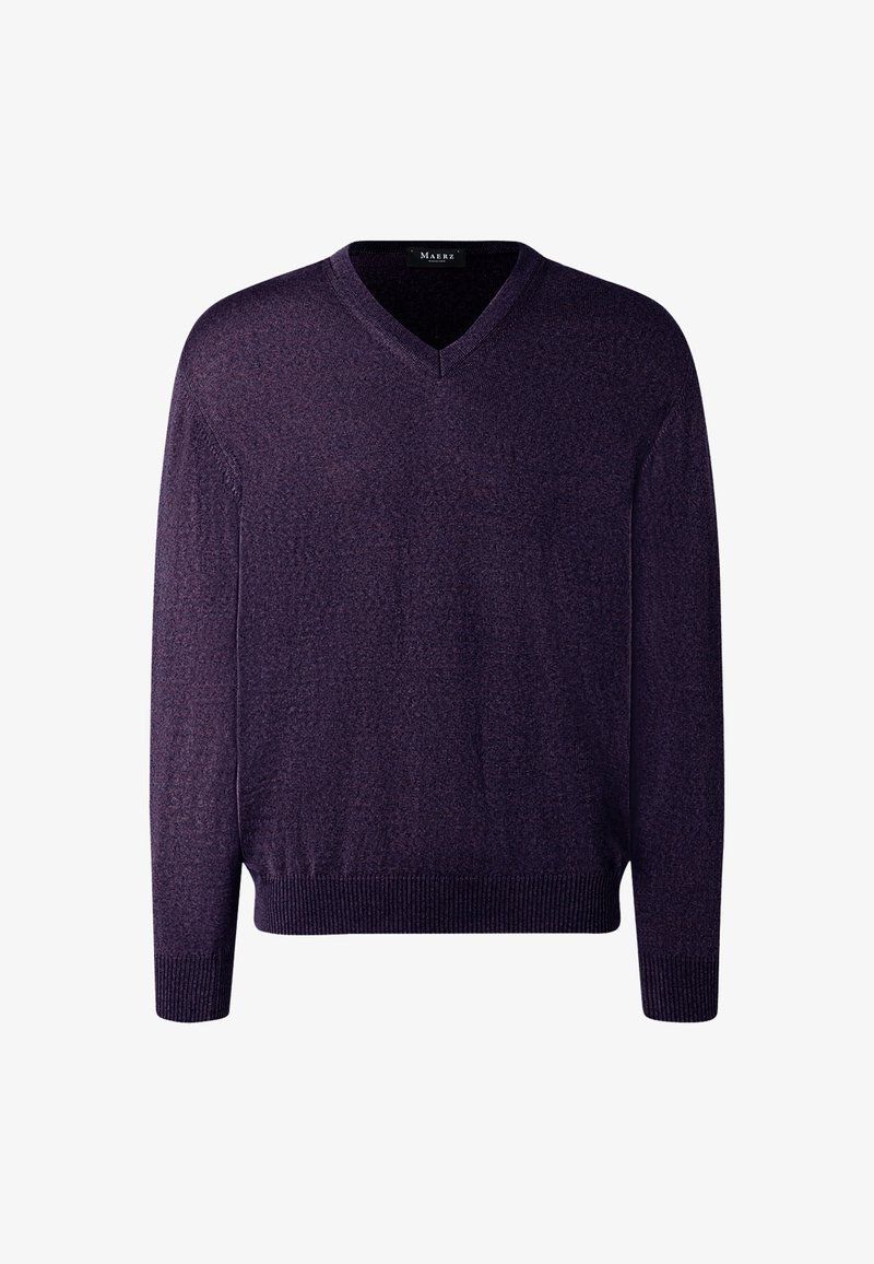 V-Ausschnitt Pullover in Dunkelviolett, aus einem strukturierten Strickstoff gefertigt. Mit gerippten Bündchen und Saum sowie einem dezenten Melange-Muster.