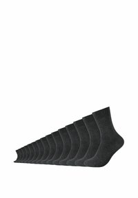 Dwanaście par ciemnoszarych bawełnianych skarpetek typu crew ułożonych w rzędzie. Posiadają ściągacz i gładką teksturę bez widocznych wzorów lub akcentów.