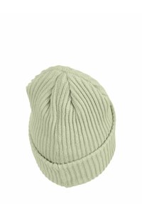 Light green knitted beanie with a ribbed texture, featuring a rolled cuff and a slightly slouched top design.