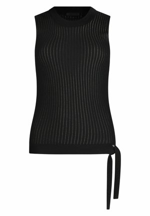 Zwart mouwloos topje met verticale ribbelstructuur en een zijstrikdetail op de taille. Heeft een ronde halslijn en een aansluitend ontwerp.