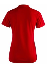 Rotes Polo-Shirt mit kurzen Ärmeln, klassischem Kragen und einer glatten, leicht glänzenden Textur. Keine sichtbaren Logos oder Muster auf der Rückseite.