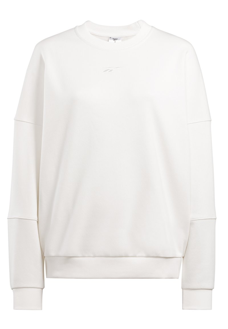 Weißes Sweatshirt aus weichem Stoff, mit Rundhalsausschnitt, überschnittenen Schultern und Rippbündchen an Ärmeln und Saum. Kleines Logo-Detail auf der Brust.