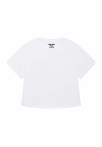 Korte mouwen, cropped witte T-shirt met een ronde hals en een label met de tekst "MIRA PARIS" binnenin de kraag.