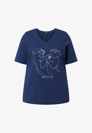 Navy V-neck T-shirt with white line art of two otters holding paws and the text "best friends" beneath the illustration.