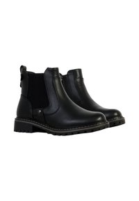 Zwarte leren enkelboots met elastische zijkanten, contrasterende textuur, stevige rubberen zool en dubbele stiksels langs de rand.
