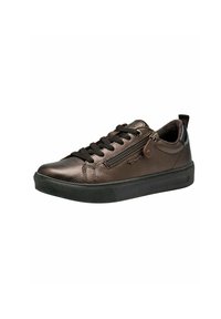 Sneaker in pelle marrone scuro con superficie texturizzata, suola in gomma nera, design con lacci e dettaglio con cerniera laterale.