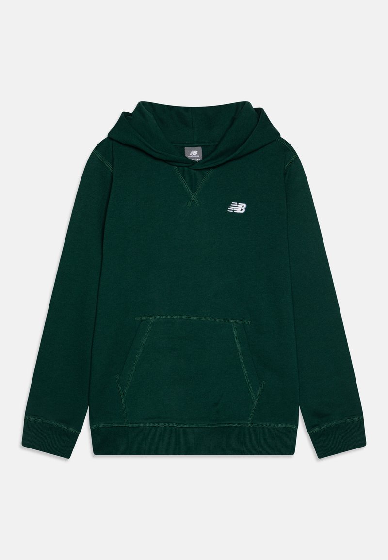 Zöld kapucnis pulóver, puha anyagból készült, kanguru zsebből, bordázott mandzsettákkal és fehér logóval a bal mellrészen.
