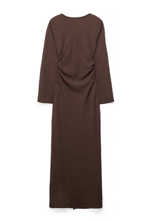 Brown long-sleeve textured midi dress with gathered detail at the waist and a straight hemline.