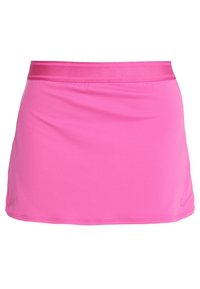 Roze sportrok gemaakt van lichtgewicht, rekbaar materiaal. Heeft een gladde tailleband met een lichte glans en een klein logo op de zoom.