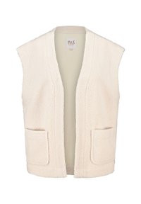 Getextureerde crèmekleurige mouwloze vest met open voorkant, twee voorzakken en een zachte, pluche stof. Geschikt voor laagjes in verschillende outfits.