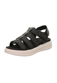 Černá kožená sandála s několika pásky, otevřenou špičkou, nastavitelnou sponou a bílou polstrovanou podrážkou pro pohodlí.