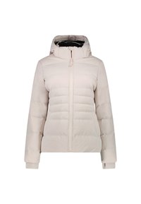 Chaqueta acolchada color beige claro con cremallera frontal, capucha ajustable y puños elásticos. Presenta una textura acolchada y bolsillos laterales.