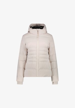 Licht beige donsjack met ritssluiting aan de voorkant, verstelbare capuchon en elastische manchetten. Heeft een doorgestikte textuur en zijzakken.