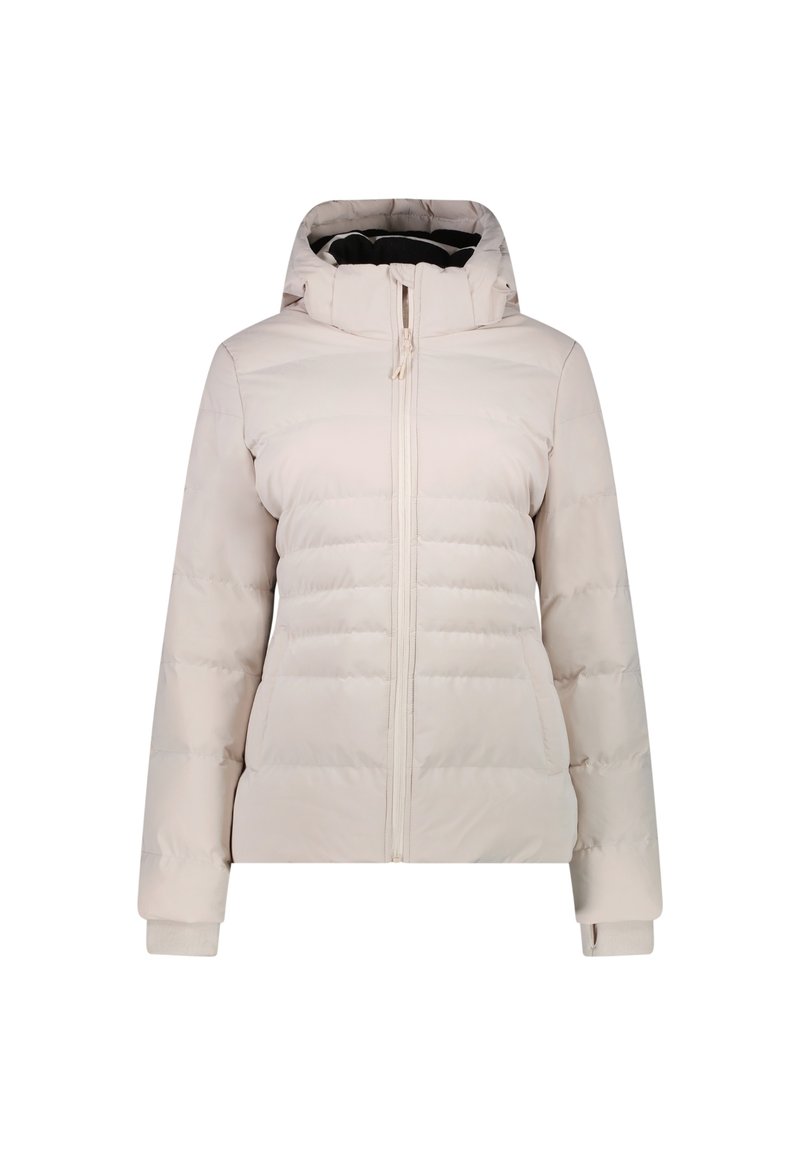 Chaqueta acolchada color beige claro con cremallera frontal, capucha ajustable y puños elásticos. Presenta una textura acolchada y bolsillos laterales.