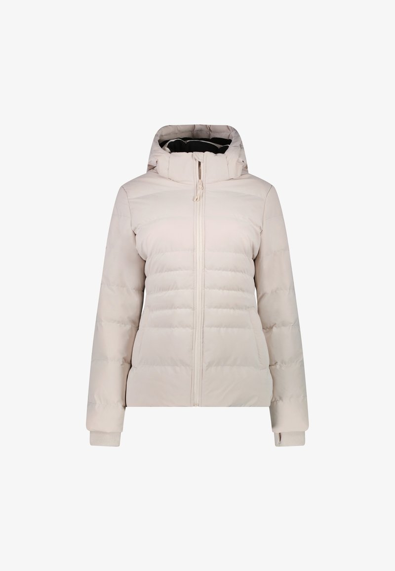 Chaqueta acolchada color beige claro con cremallera frontal, capucha ajustable y puños elásticos. Presenta una textura acolchada y bolsillos laterales.