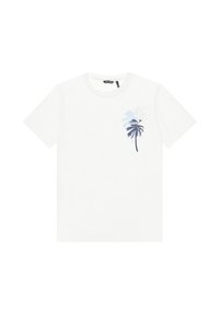 Camiseta de algodón blanca con un gráfico de palmera azul y gris en el lado izquierdo del pecho. Cuello redondo estándar y mangas cortas.