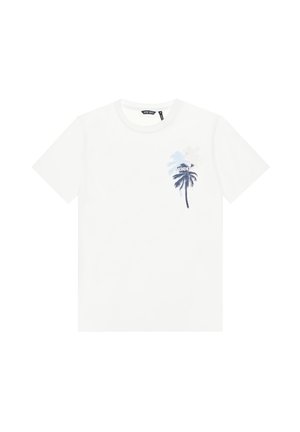 Witte katoenen t-shirt met een blauw en grijs palmbomenprint op de linkerkant van de borst. Standaard ronde hals en korte mouwen.
