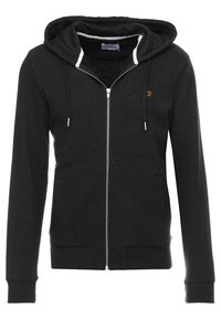 Felpa nera con zip realizzata in tessuto morbido, caratterizzata da un cappuccio foderato, lacci, tasche frontali e un piccolo logo sul petto.