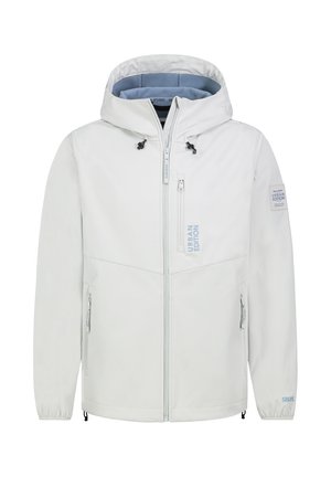 Lichte witte jas met capuchon, ritssluiting aan de voorkant en twee zijzakken. Beschikt over een blauwe voering en "Urban Edition" branding.