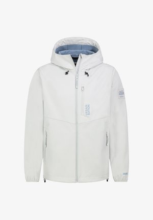Leichte weiße Jacke mit Kapuze, Reißverschluss vorne und zwei Seitentaschen. Verfügt über ein blaues Innenfutter und "Urban Edition" Branding.