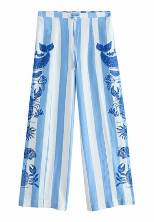 Wide-leg pants with vertical blue and white stripes, featuring blue sea creature prints like whales, crabs, and seashells on the sides and a drawstring waist.