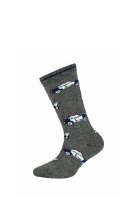 Calzino grigio decorato con auto della polizia e scooter blu e bianchi con luci sirena rosse, presentato su uno sfondo bianco.