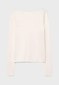 Leichter, cremefarbener Langarm-Top mit weitem Halsausschnitt und schmalen Bündchen. Weiche Textur, minimalistisches Design und keine sichtbaren Muster.