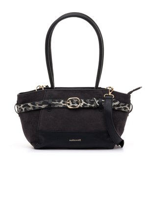 Schwarze Tote Bag mit doppelten Griffen, Leopardenprint-Gürtel mit goldener Schnalle und abnehmbarem Schulterriemen, mit kleinem goldfarbenem "MARIAMARE"-Logo.