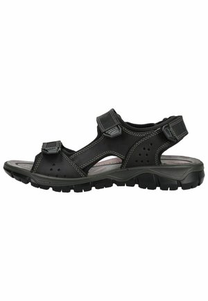 Sandalo outdoor nero con cinturini regolabili in Velcro, tallone imbottito e suola robusta per una maggiore presa e comfort.