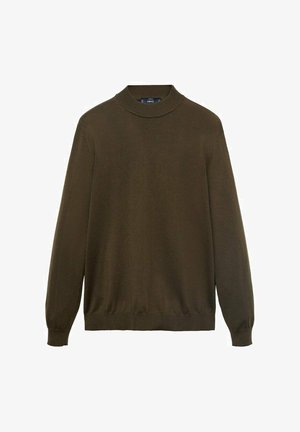 Dark green, long-sleeve pullover sweater with a high neckline and ribbed hem. Made from a soft knit material, featuring a smooth texture.