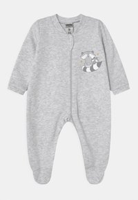 Grå stof babybodystocking med lange ærmer, frontlynlås og et trykt design af en ræv og hendes unger. Blød tekstur, med fødder og rund halsudskæring.
